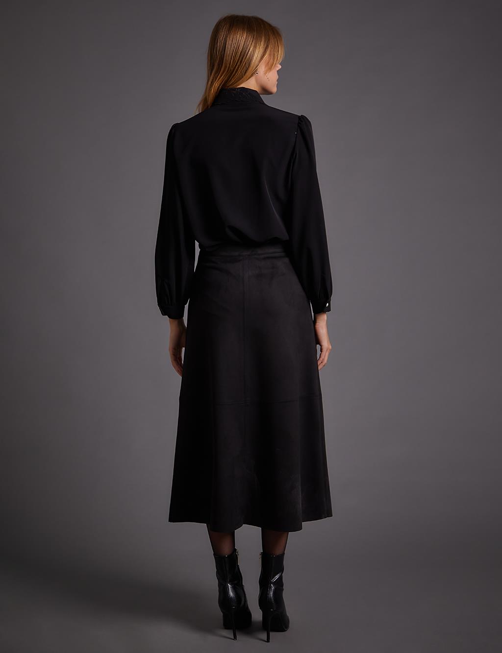 Full-length Zippered Suede Skirt Black