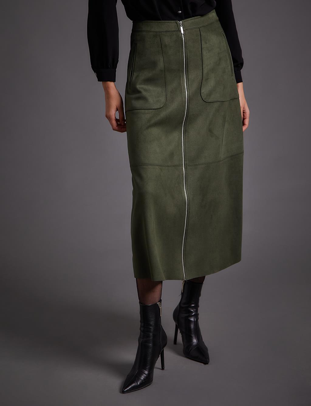 Full-Length Zippered Suede Skirt Emerald
