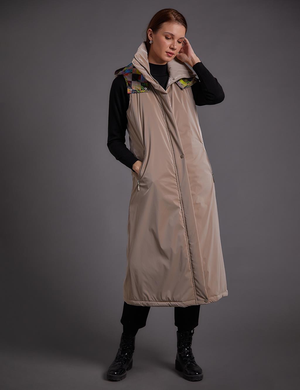 Stand Collar Hooded Vest Beige