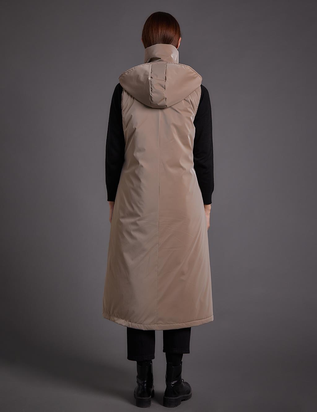 Stand Collar Hooded Vest Beige