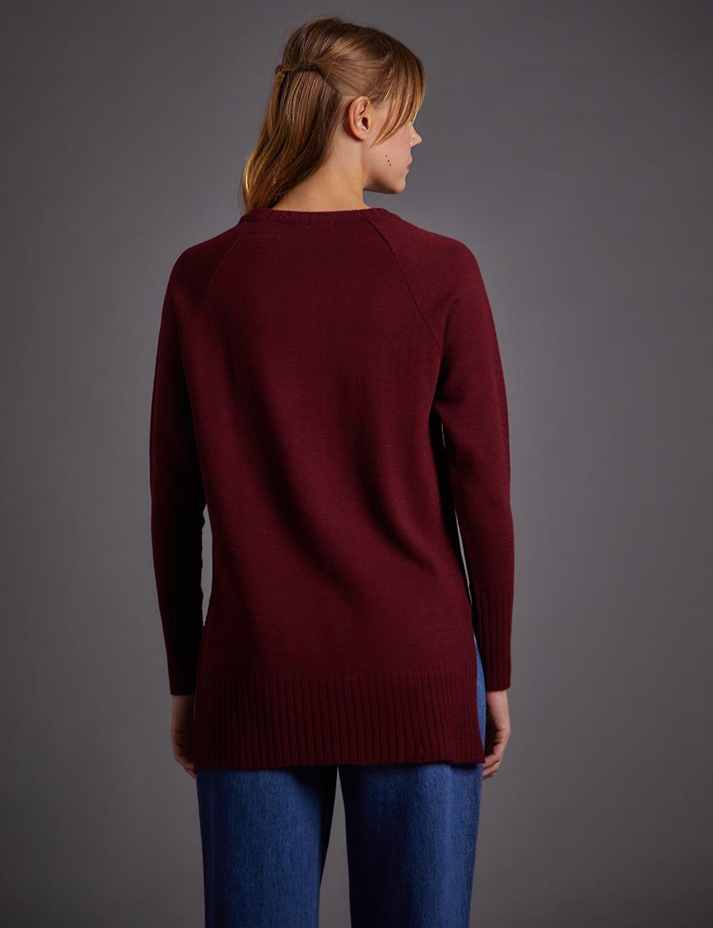 Ribana Detailed Zero Neckline Knit Tunic in Burgundy