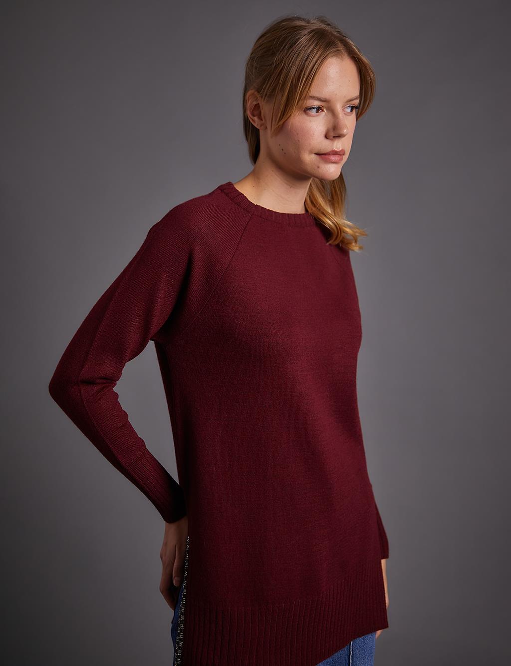 Ribana Detailed Zero Neckline Knit Tunic in Burgundy