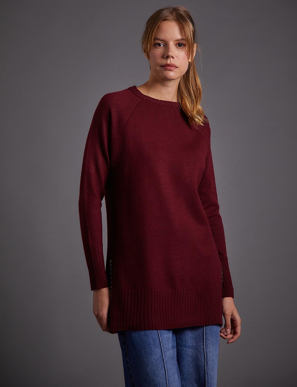 Ribana Detailed Zero Neckline Knit Tunic in Burgundy