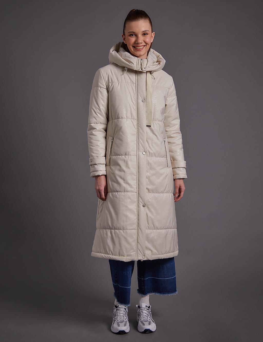 Hooded Stand-up Collar Coat Cream