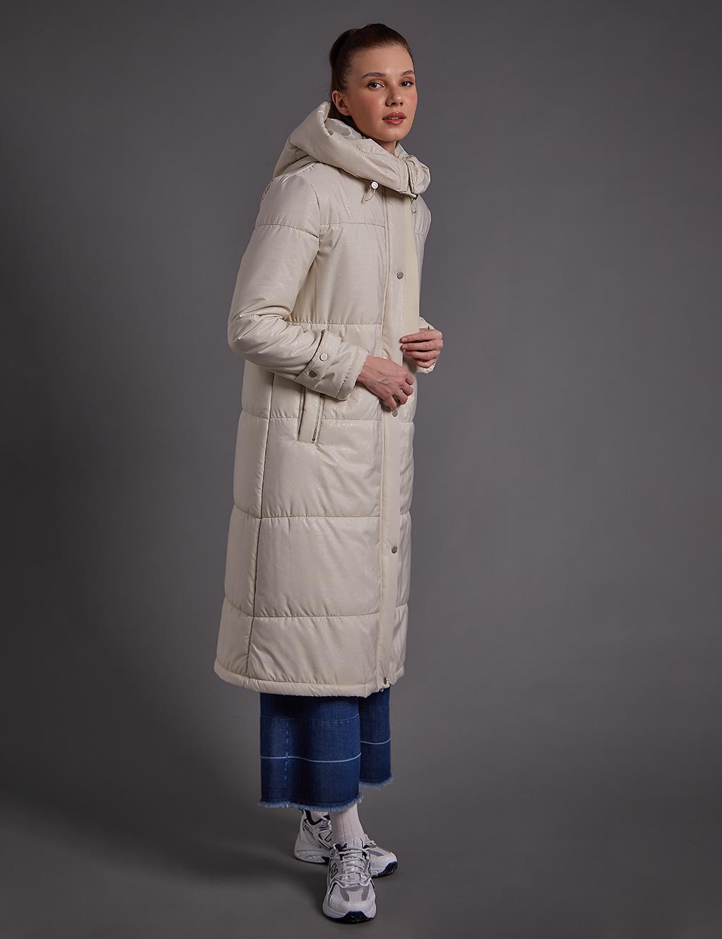 Hooded Stand-up Collar Coat Cream