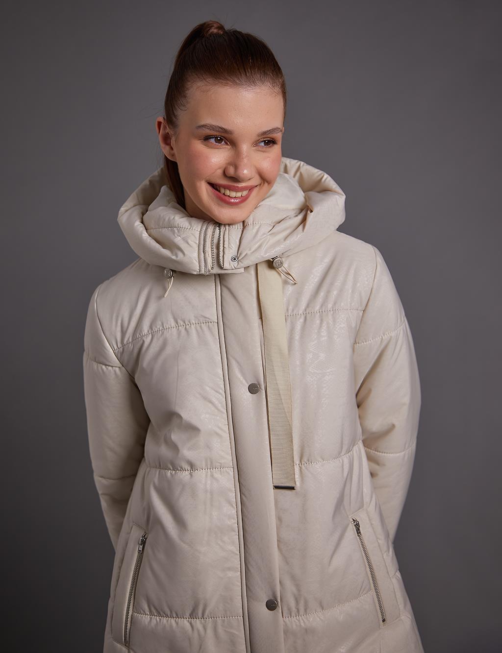 Hooded Stand-up Collar Coat Cream