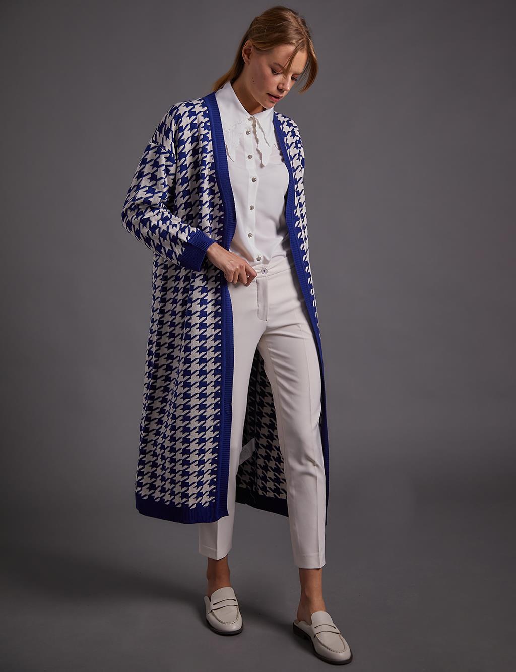 Large Houndstooth Pattern Cardigan Indigo Ecru