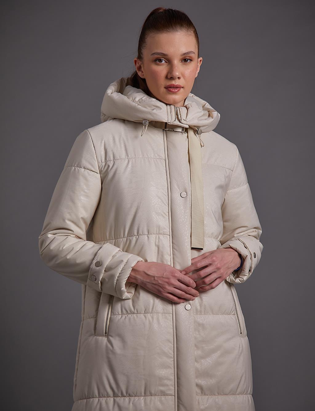 Hooded Stand-up Collar Coat Cream