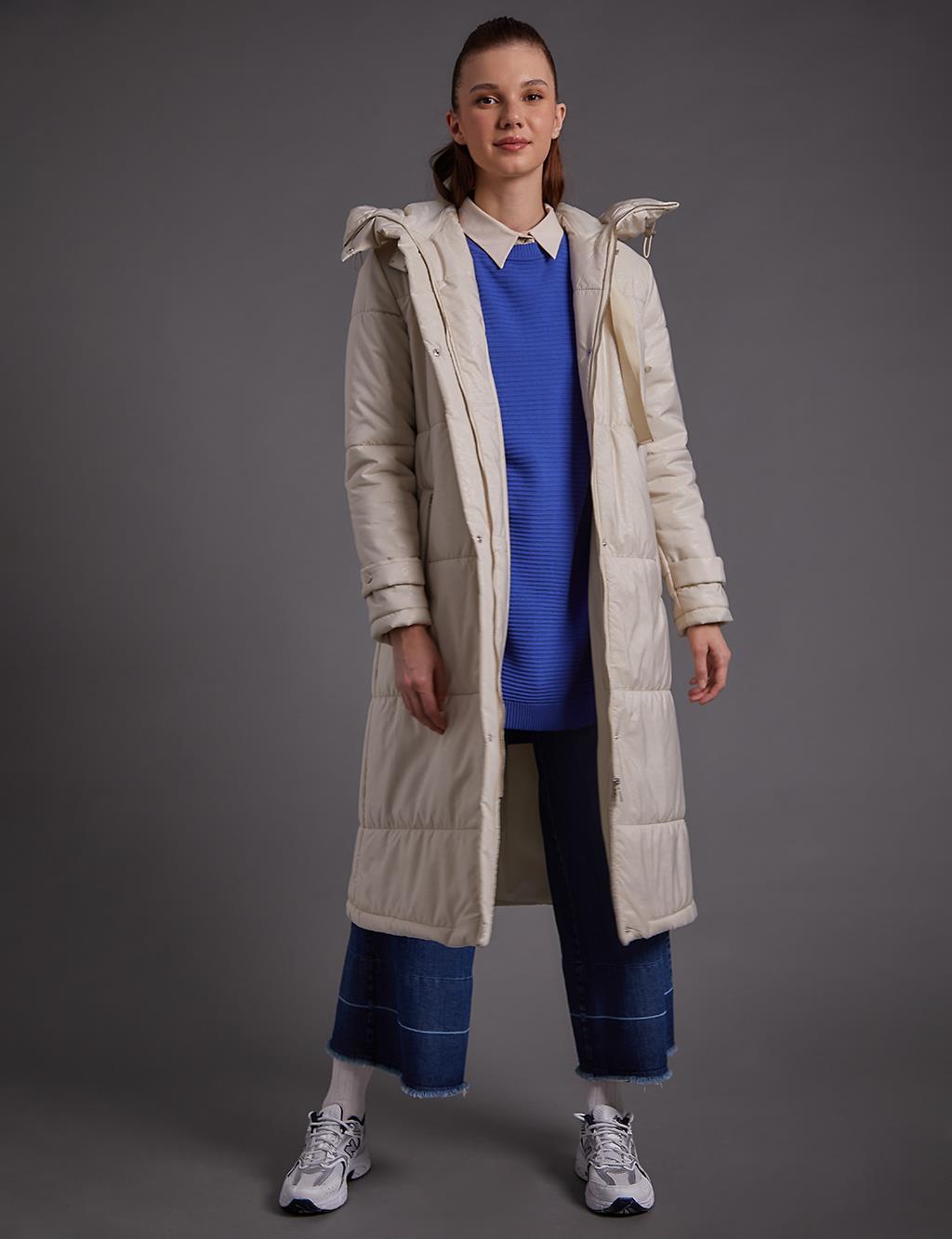 Hooded Stand-up Collar Coat Cream