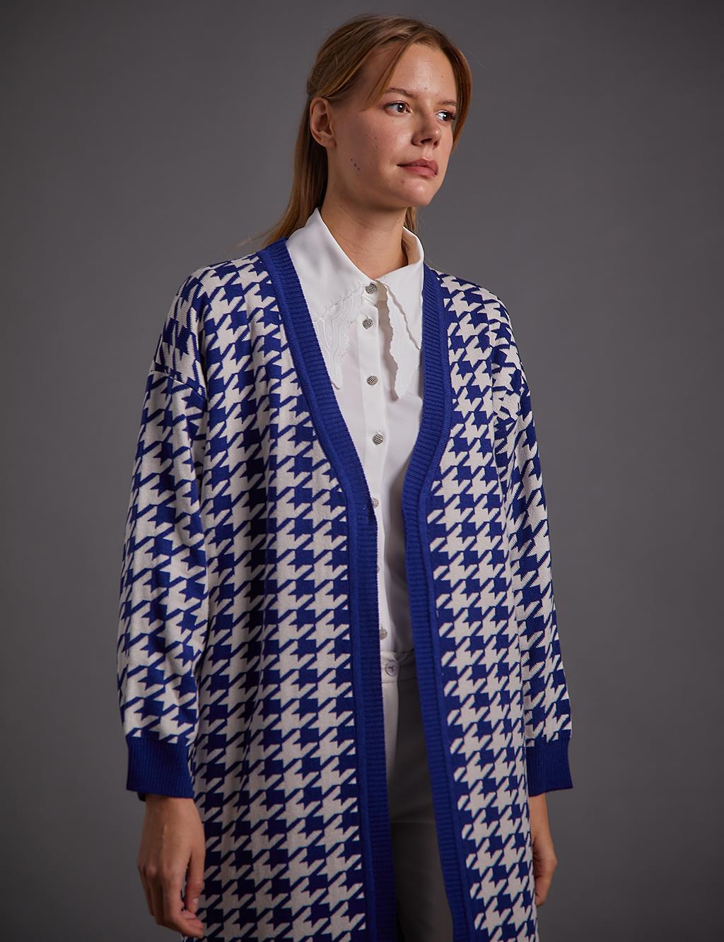 Large Houndstooth Pattern Cardigan Indigo Ecru