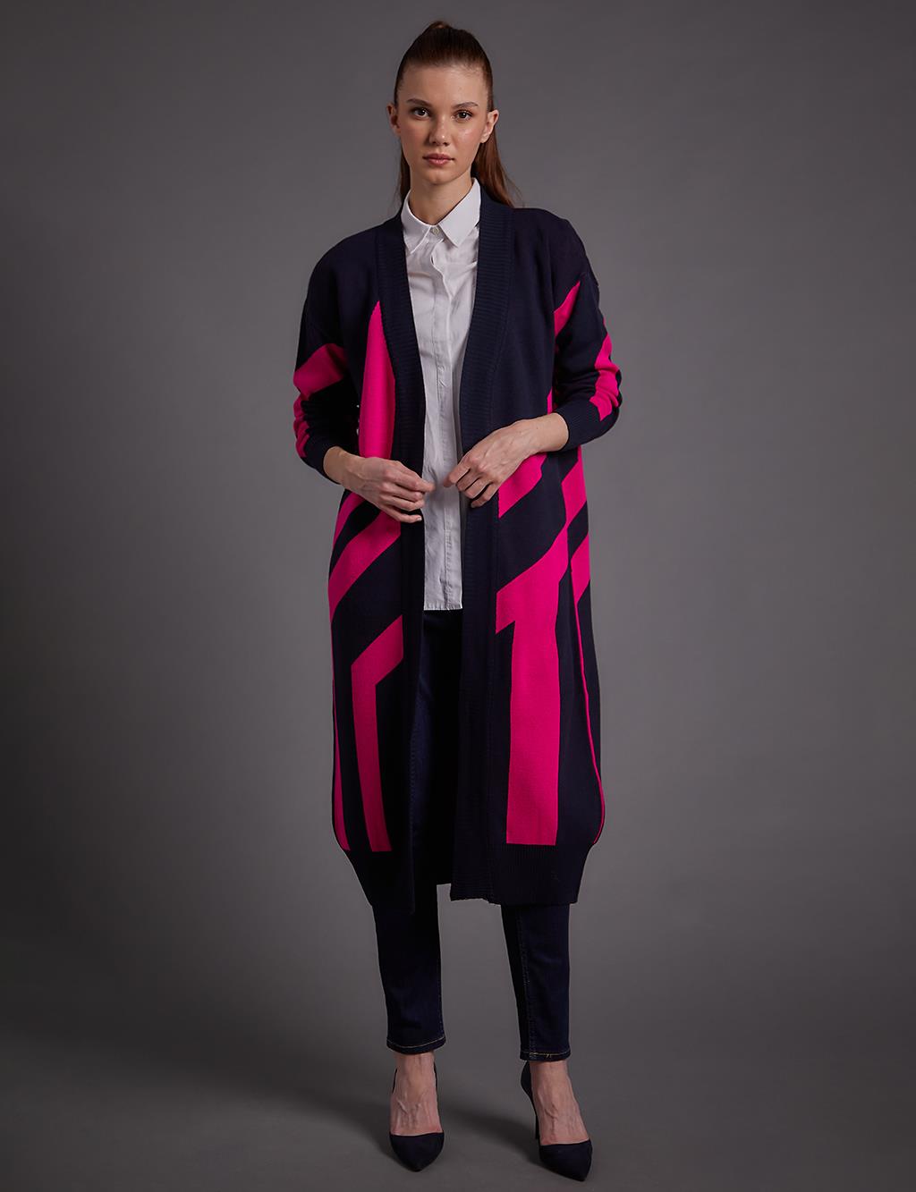 Contrast Colored Abstract Patterned Knitwear Cardigan Navy Blue Fuchsia