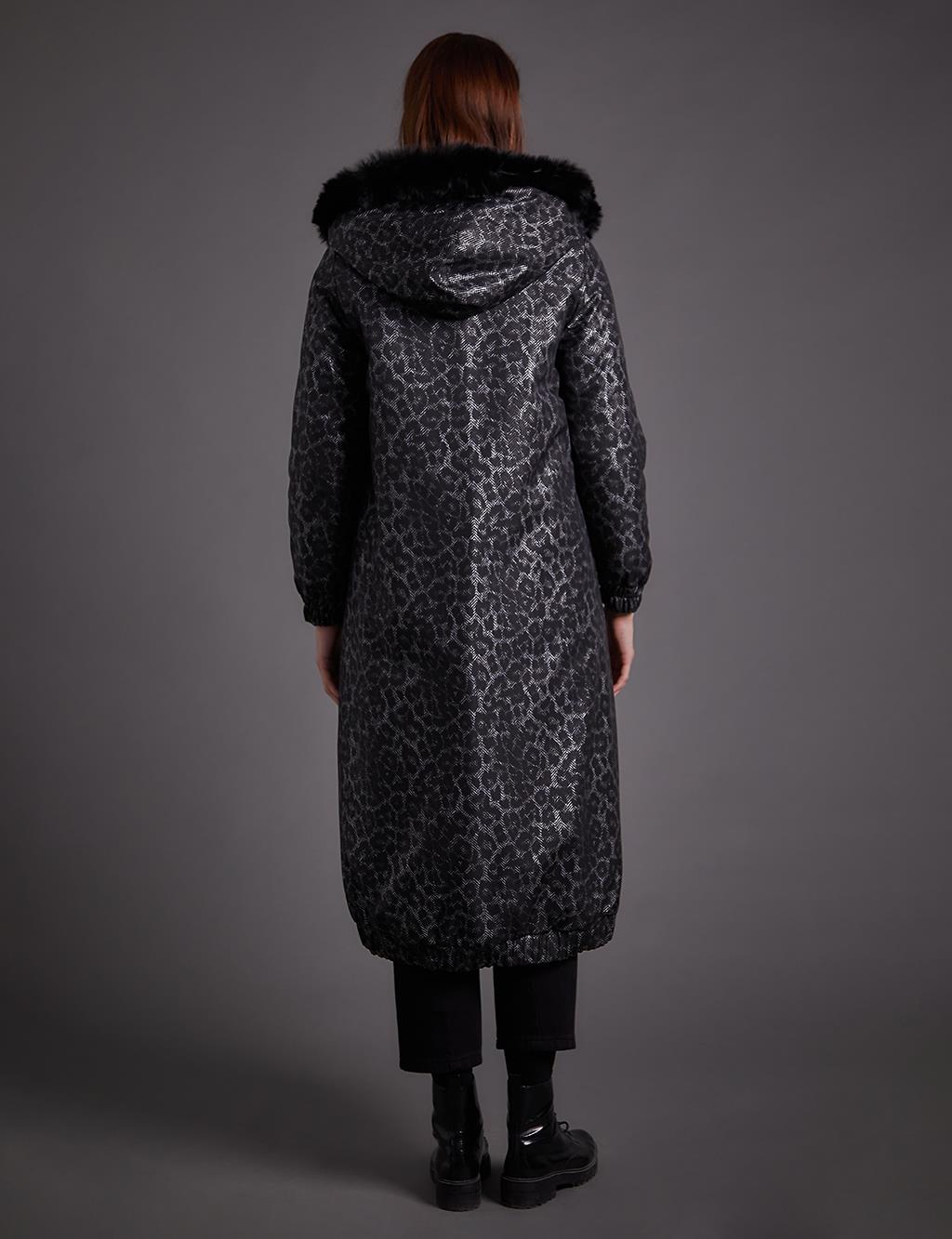 Leopard Pattern Faux Fur Coat Black