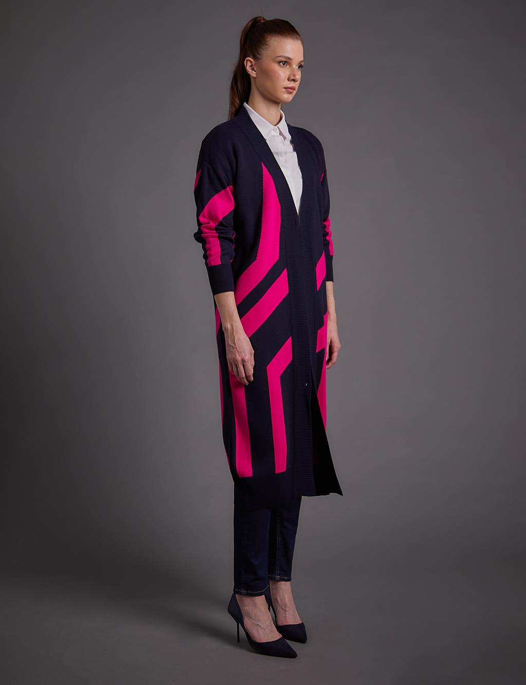 Contrast Colored Abstract Patterned Knitwear Cardigan Navy Blue Fuchsia