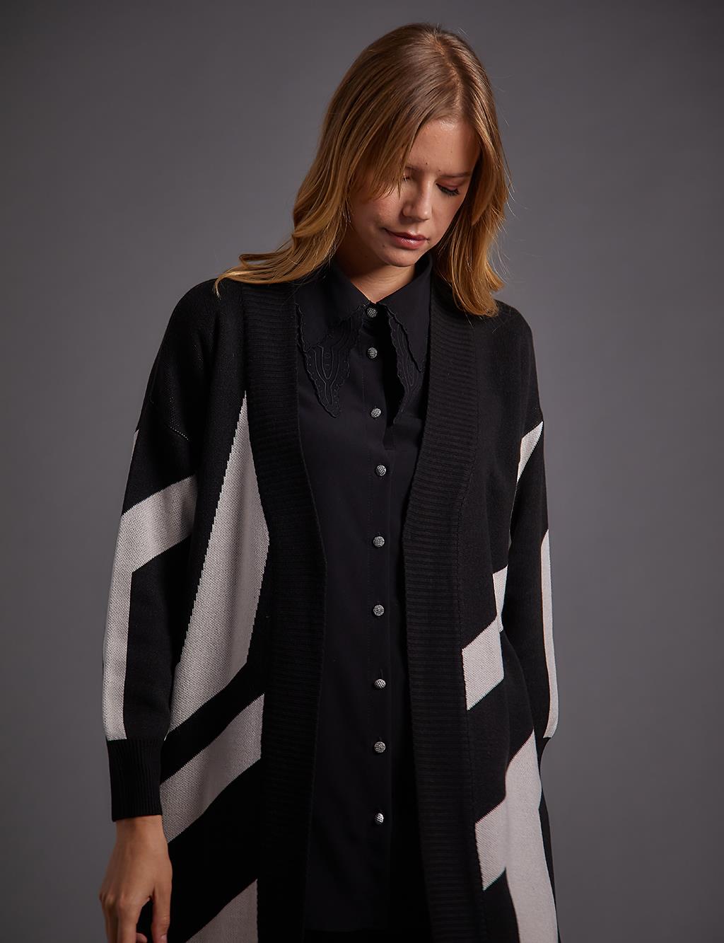 Contrast Colored Abstract Patterned Knitwear Cardigan Black Optical White