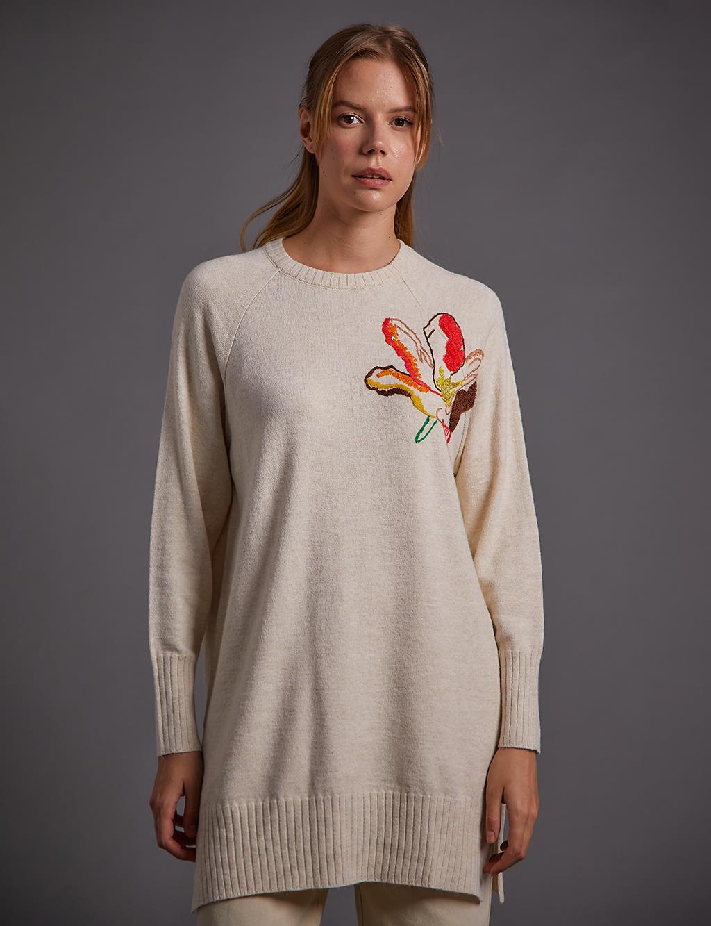 Floral Embroidered Knitwear Tunic Stone