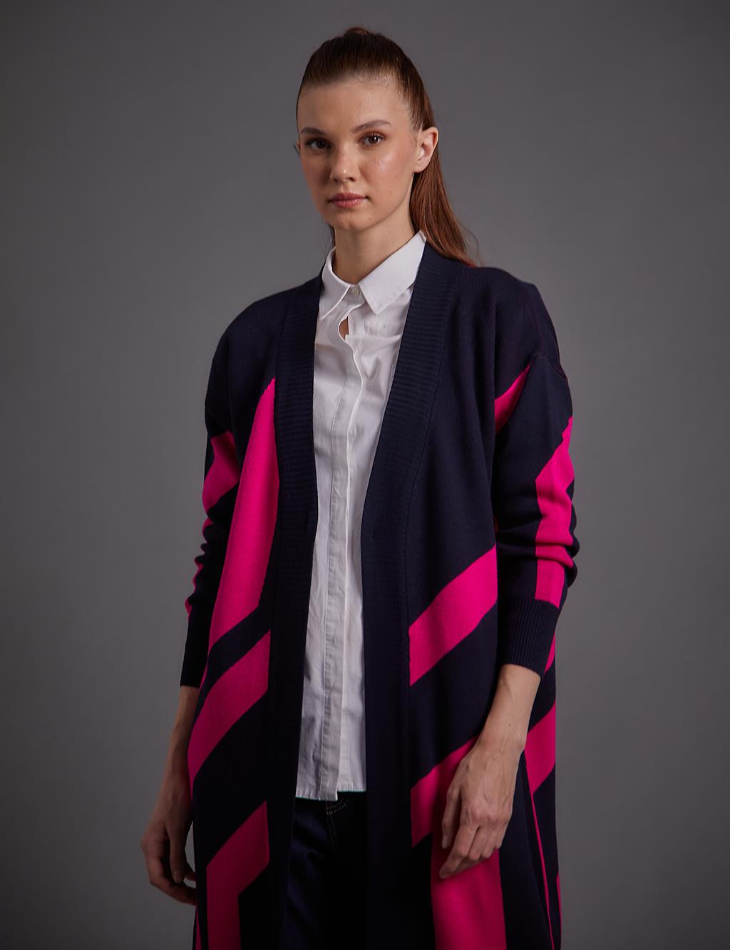 Contrast Colored Abstract Patterned Knitwear Cardigan Navy Blue Fuchsia