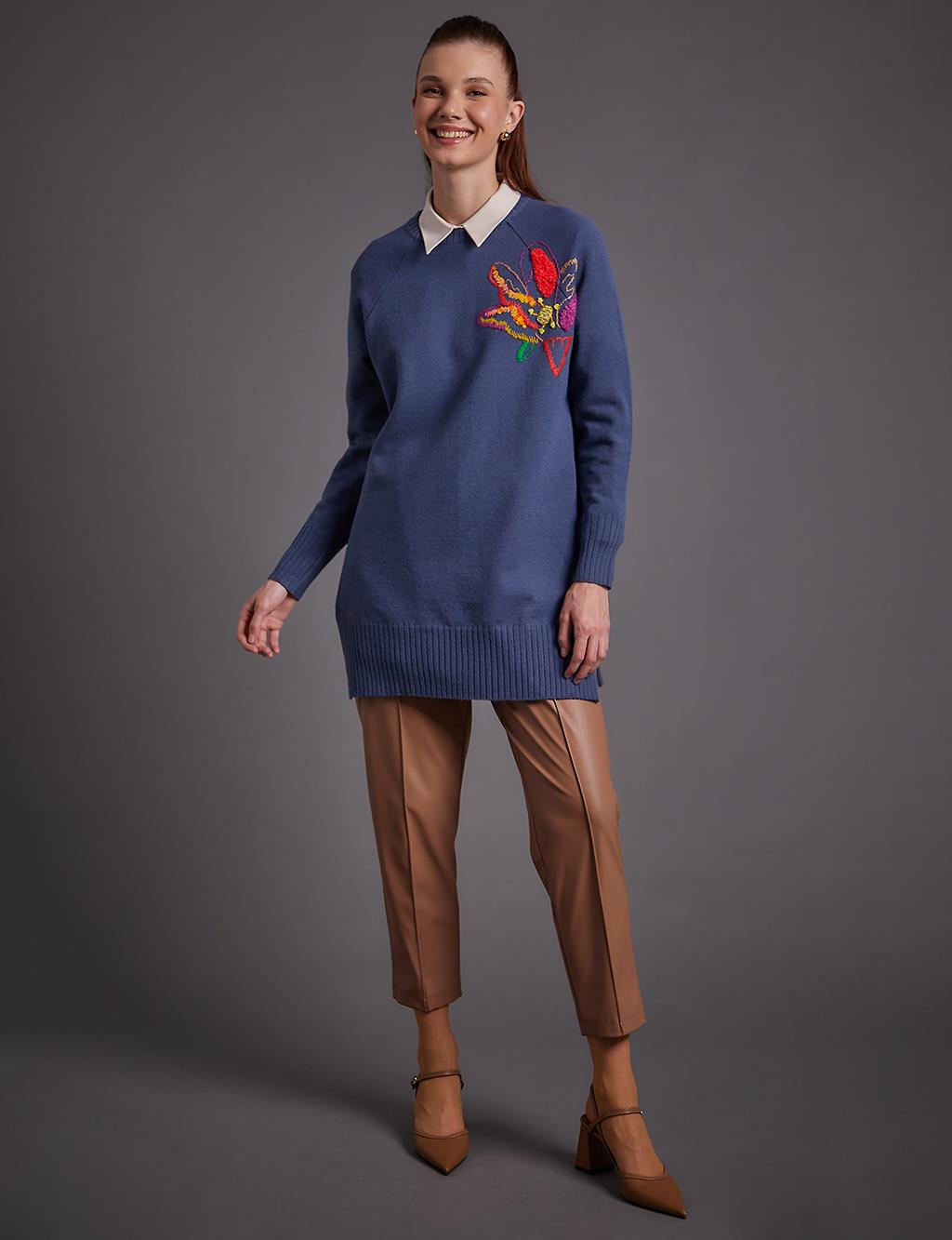 Floral Embroidered Knitwear Tunic Indigo