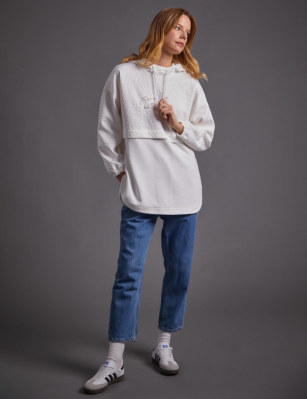 Pearl Embroidered Quilted Sweatshirt Optical White