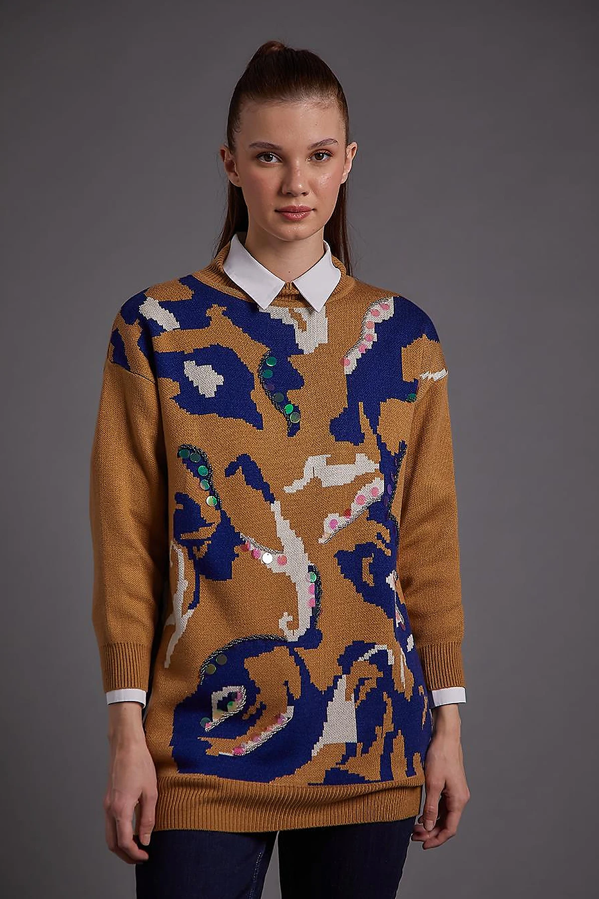 Abstract Pattern Sequin and Bead Embroidered Knitwear Tunic Camel