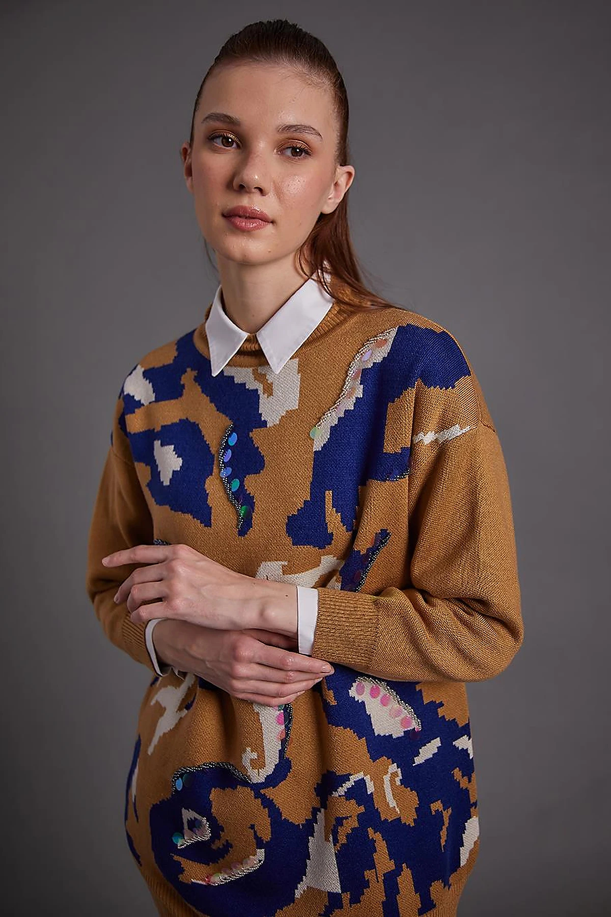 Abstract Pattern Sequin and Bead Embroidered Knitwear Tunic Camel