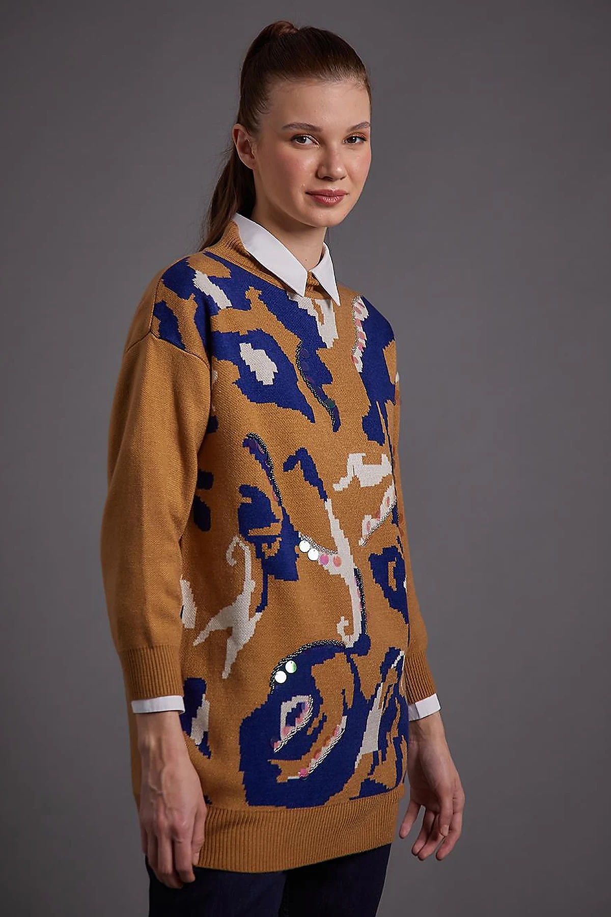 Abstract Pattern Sequin and Bead Embroidered Knitwear Tunic Camel