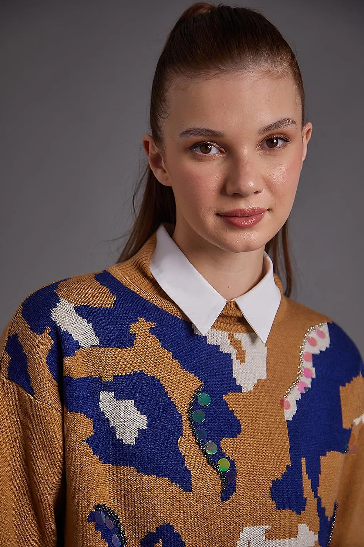 Abstract Pattern Sequin and Bead Embroidered Knitwear Tunic Camel