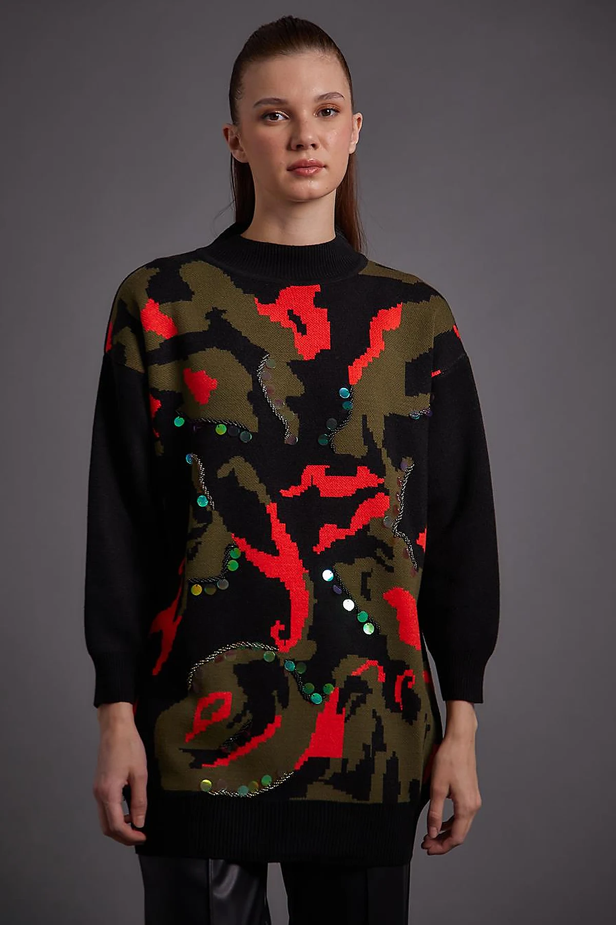 Abstract Patterned Sequin and Bead Embroidered Knitwear Tunic Black
