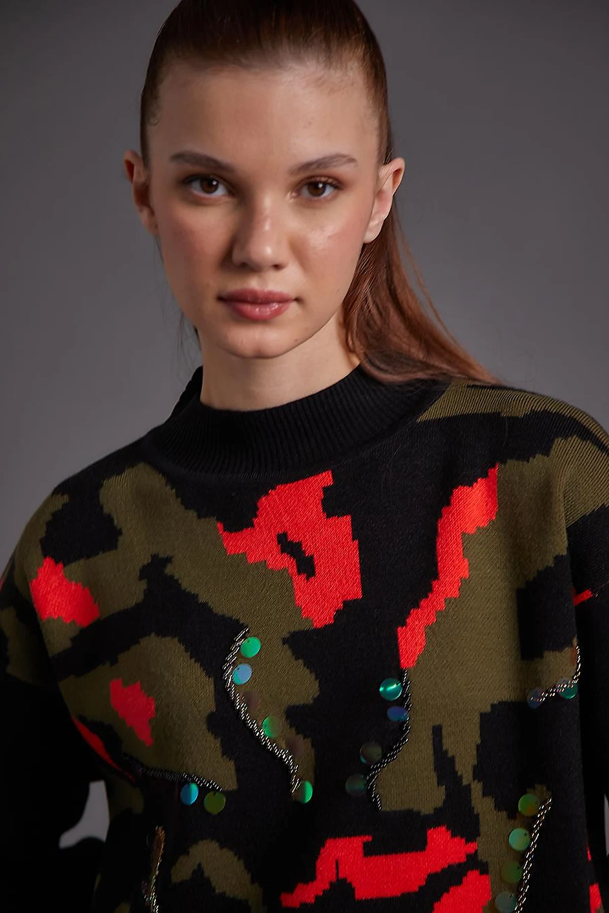 Abstract Patterned Sequin and Bead Embroidered Knitwear Tunic Black