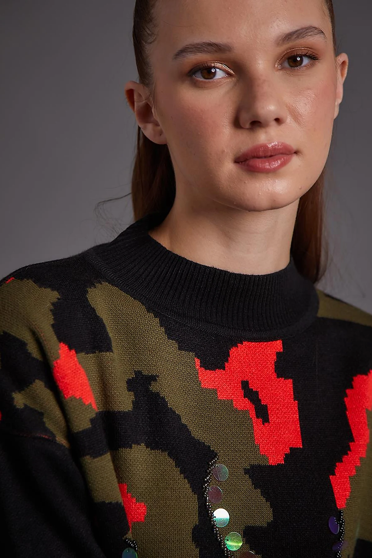 Abstract Patterned Sequin and Bead Embroidered Knitwear Tunic Black