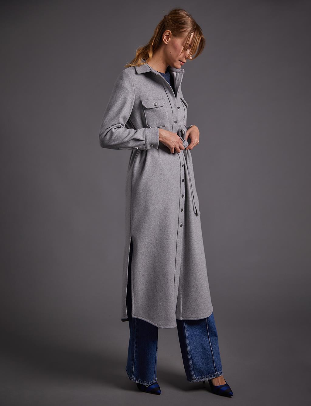 Buttoned Belted Long Stitch Tunic Gray