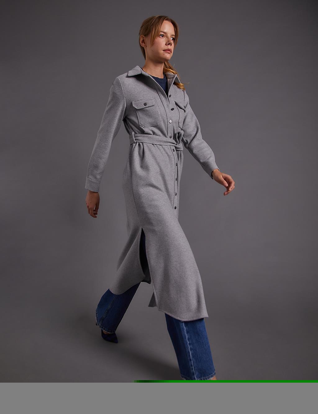 Buttoned Belted Long Stitch Tunic Gray