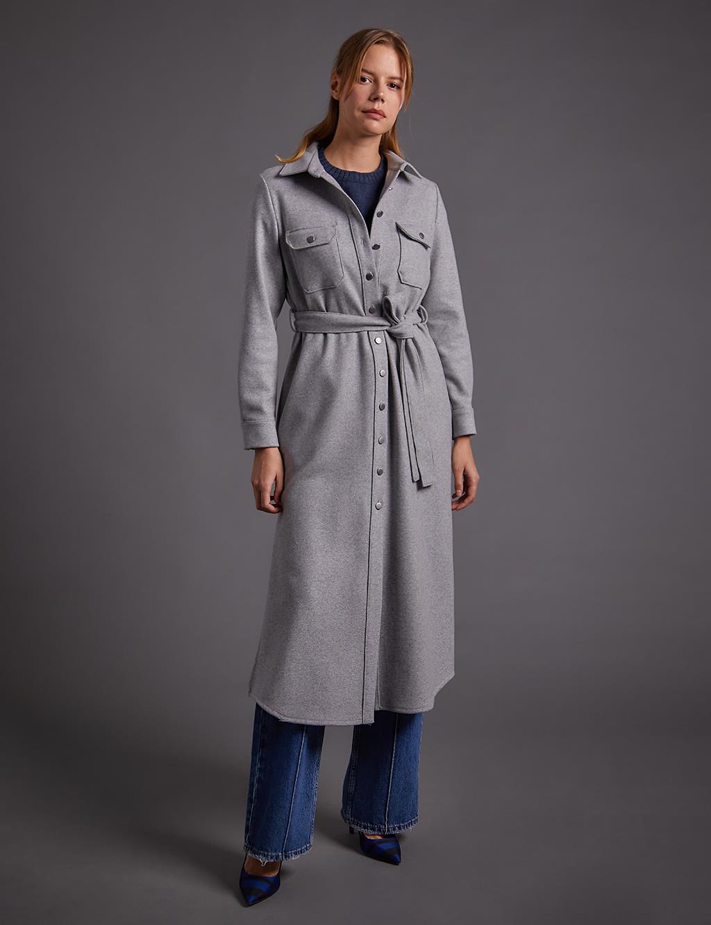 Buttoned Belted Long Stitch Tunic Gray