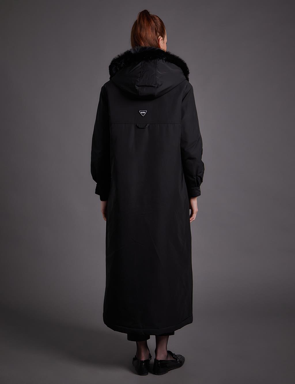 Removable Hooded Faux Fur Detail Coat Black