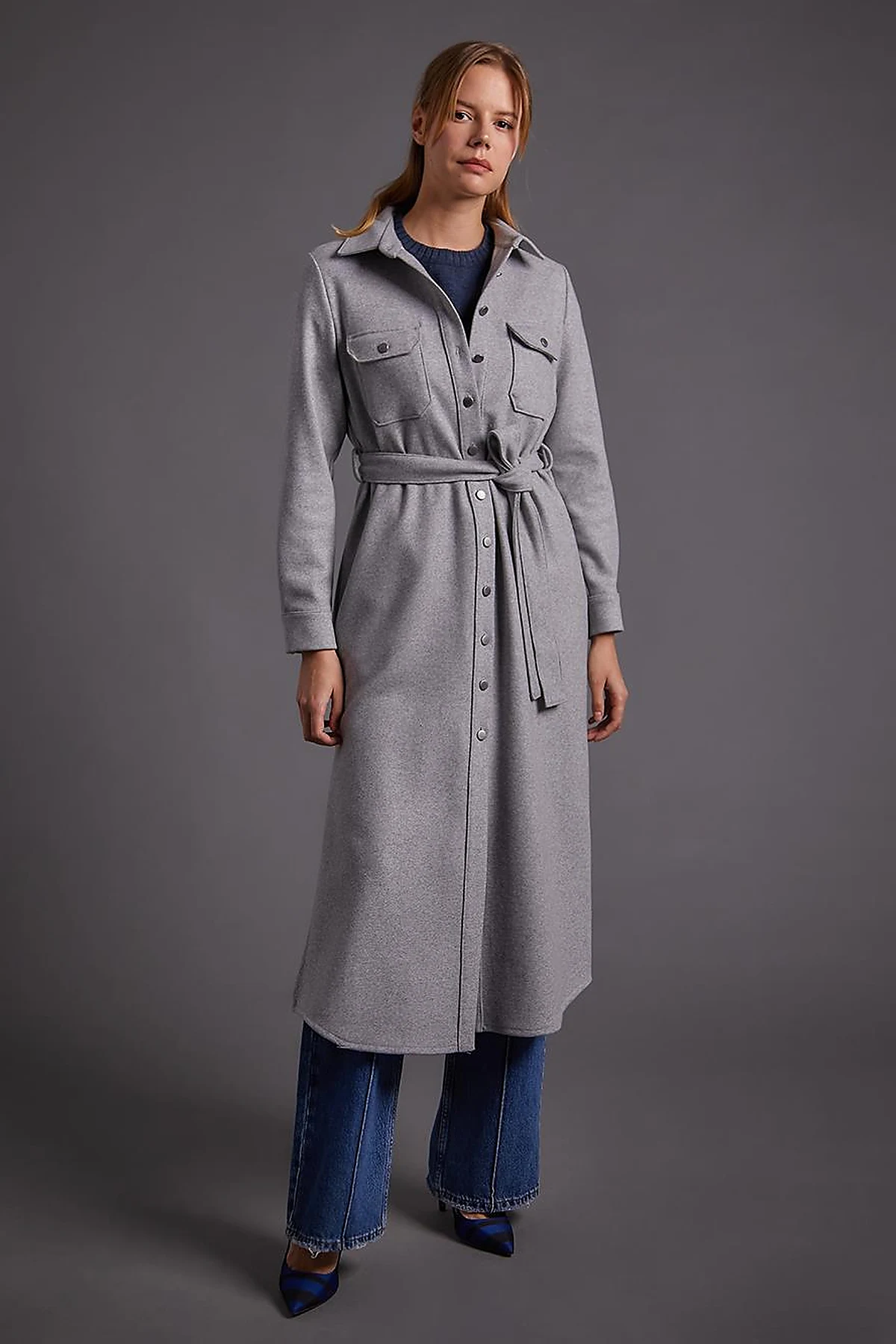 Buttoned Belted Long Stitch Tunic Gray
