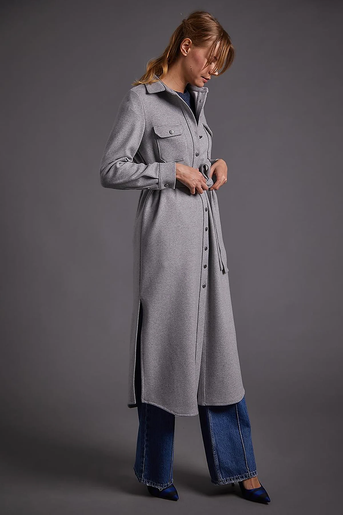 Buttoned Belted Long Stitch Tunic Gray