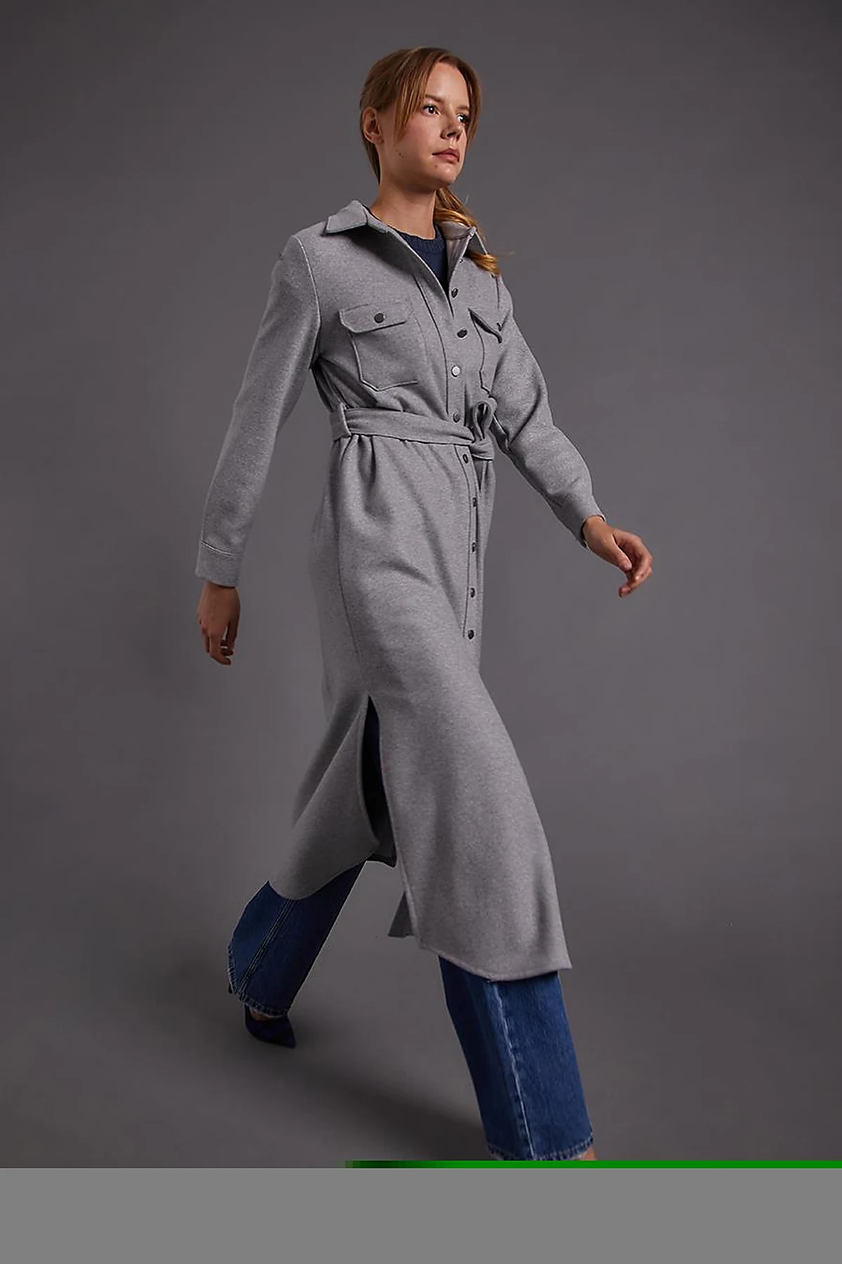 Buttoned Belted Long Stitch Tunic Gray