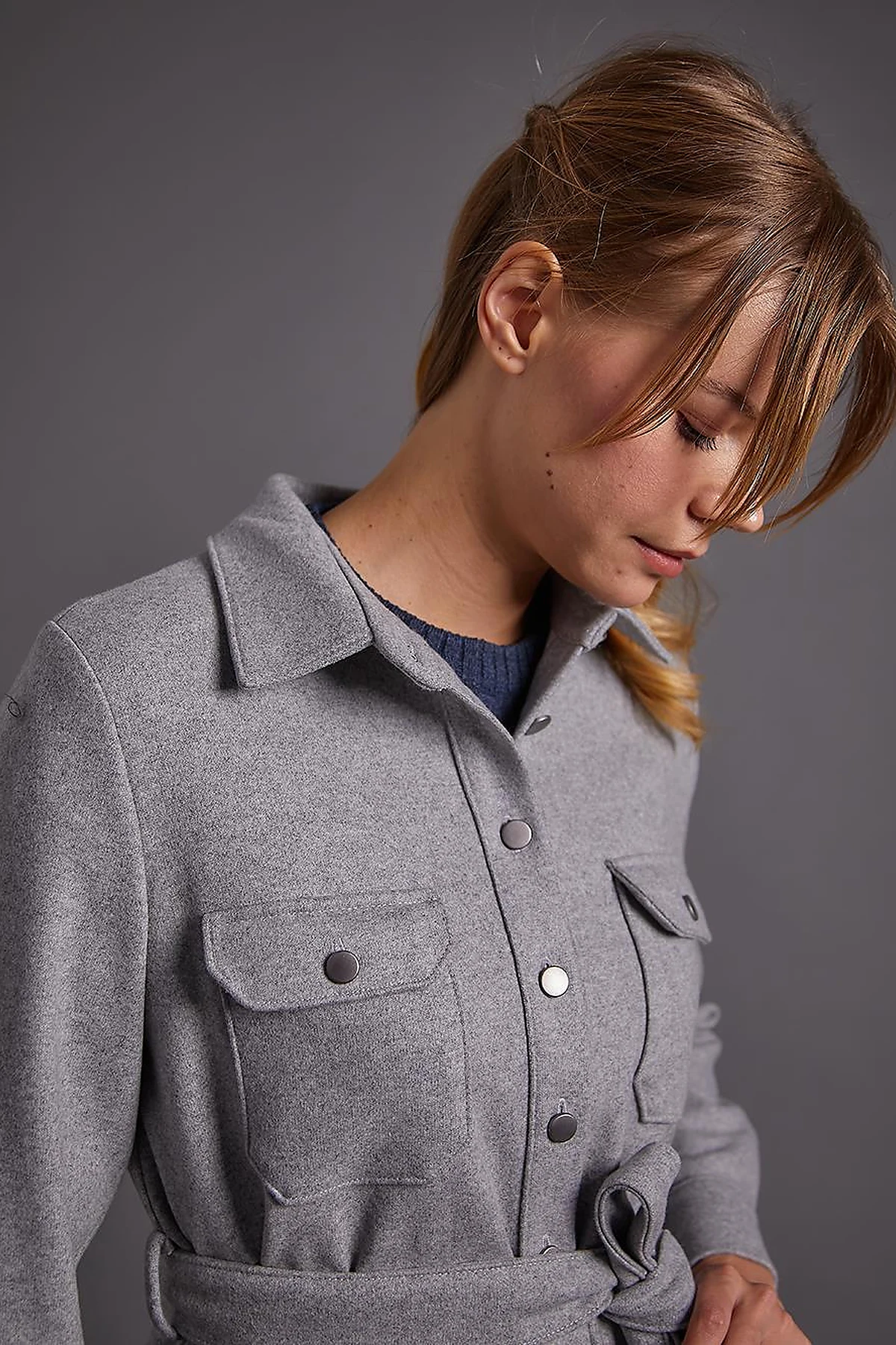 Buttoned Belted Long Stitch Tunic Gray