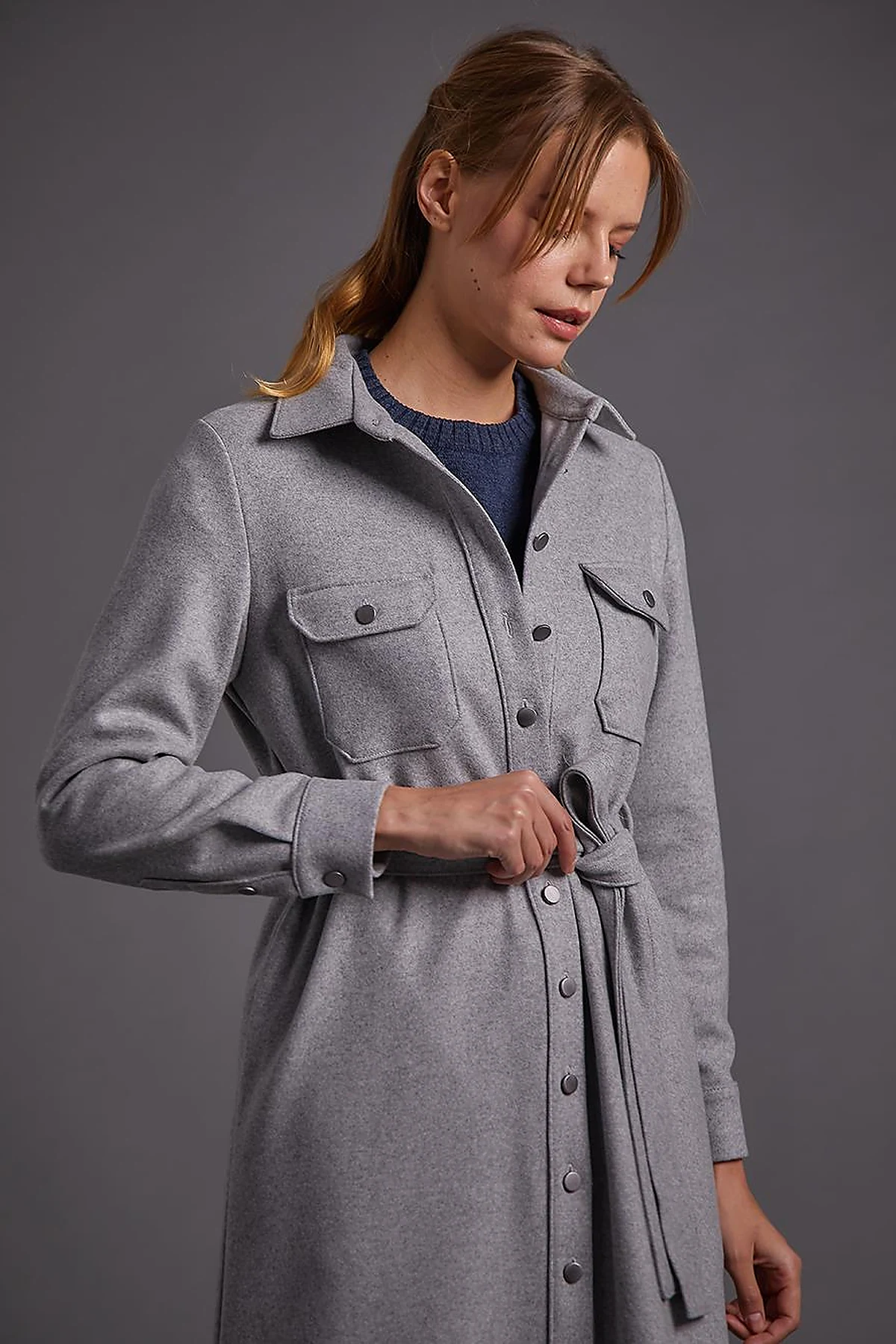 Buttoned Belted Long Stitch Tunic Gray