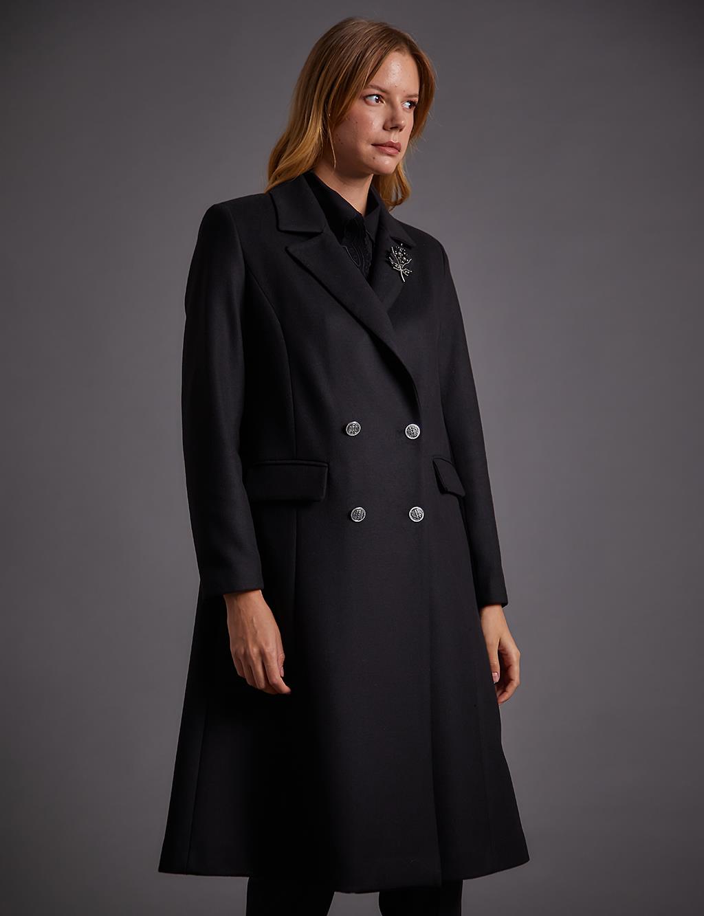 Brooch Detailed Men's Collar Coat Black