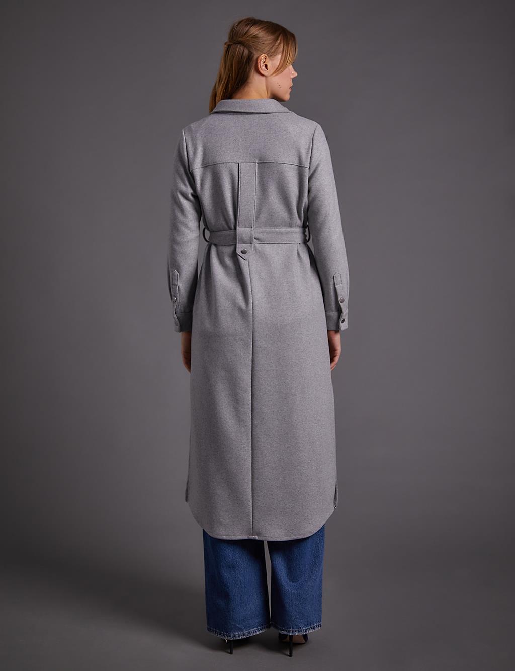 Buttoned Belted Long Stitch Tunic Gray