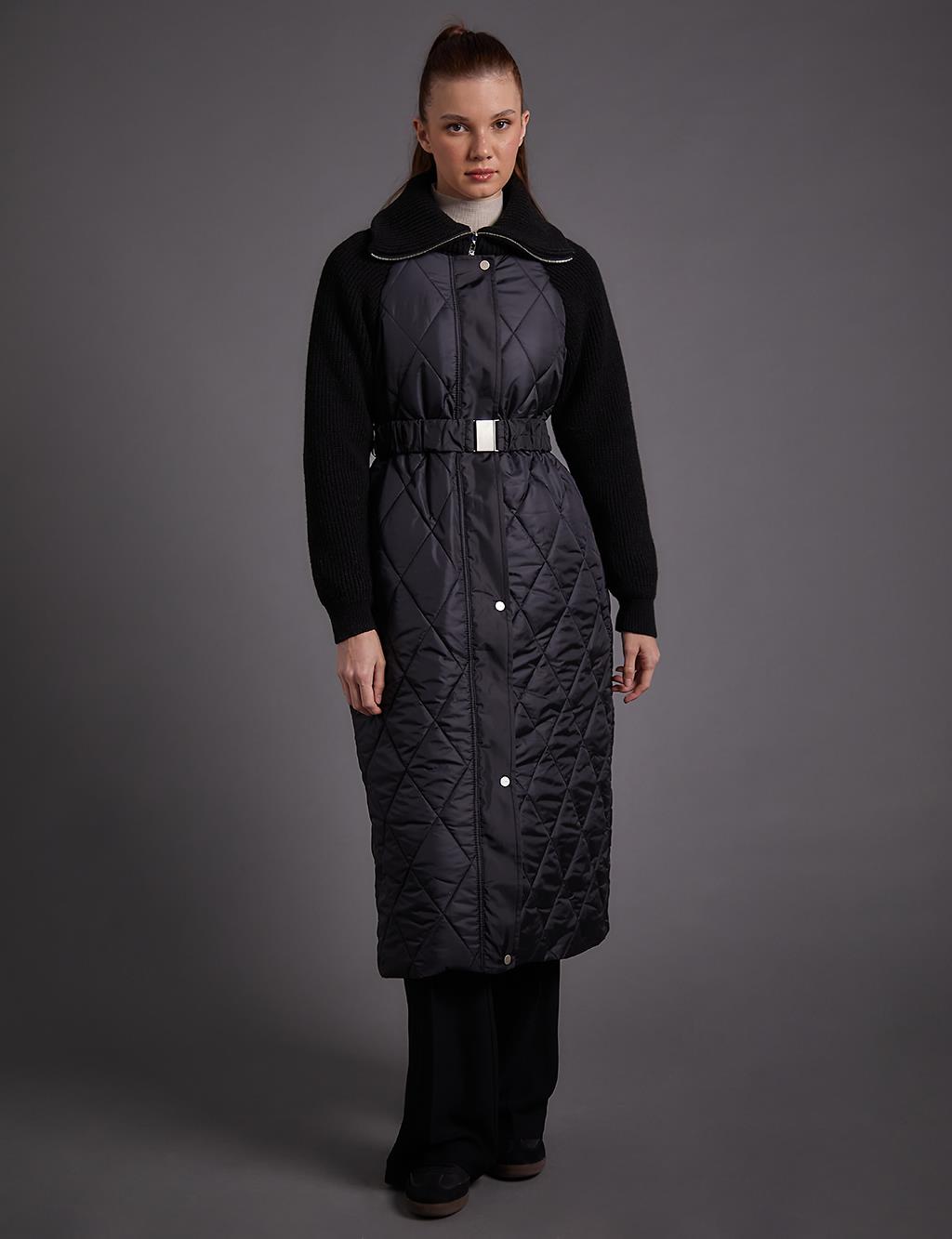 Belted Knitwear Garnished High Collar Coat Black