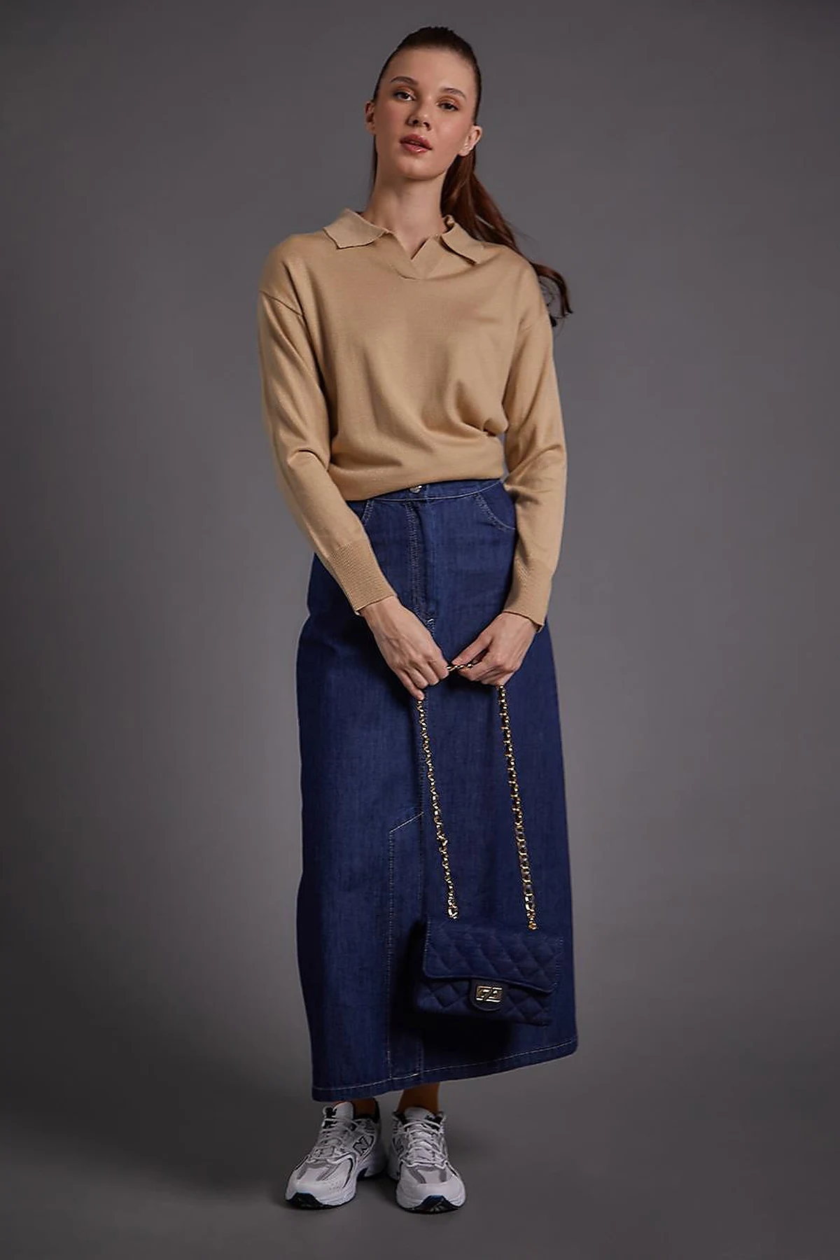 Kapalı Yırtmaçlı Denim Etek Lacivert