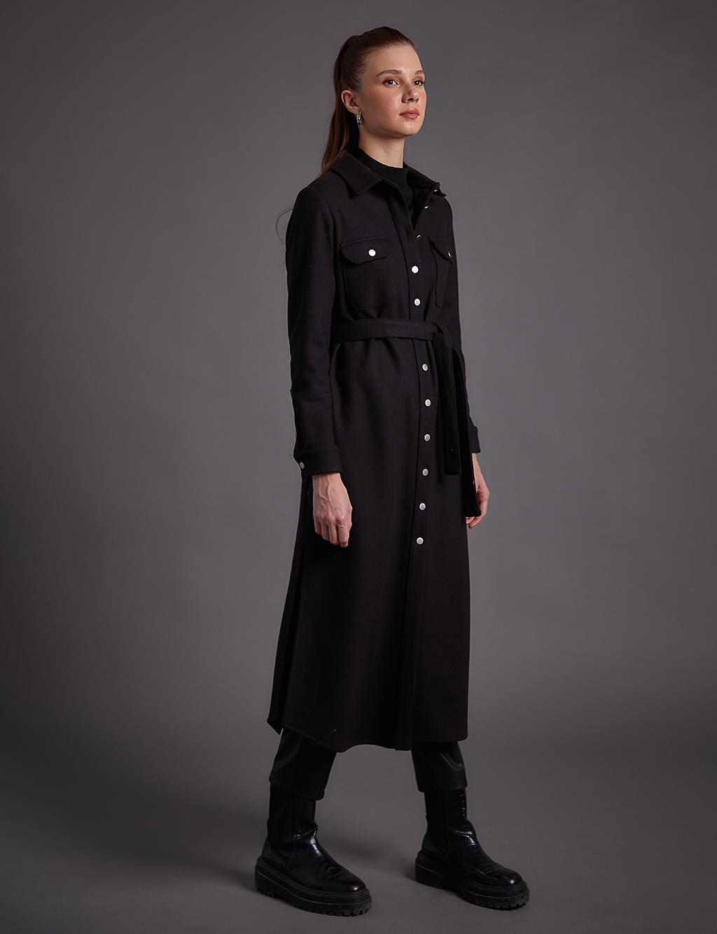 Buttoned Belted Long Stitch Tunic Black