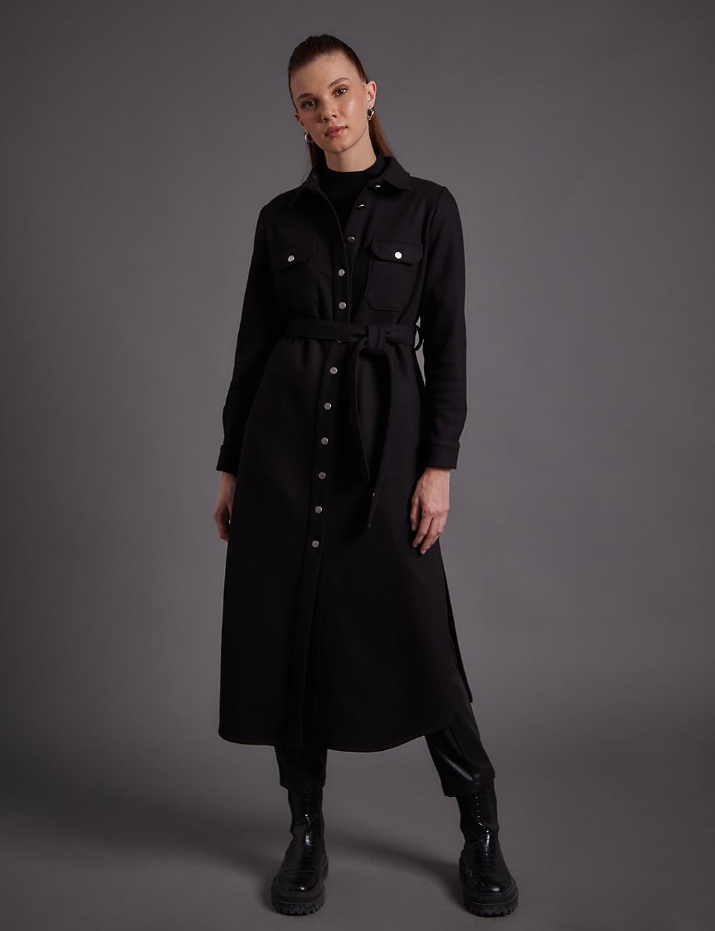 Buttoned Belted Long Stitch Tunic Black
