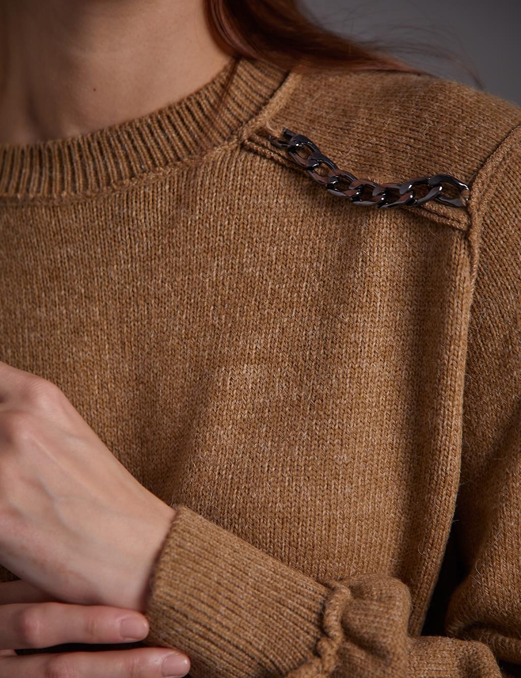 Knitwear Tunic with Chain Detail on the Shoulder Milk Brown
