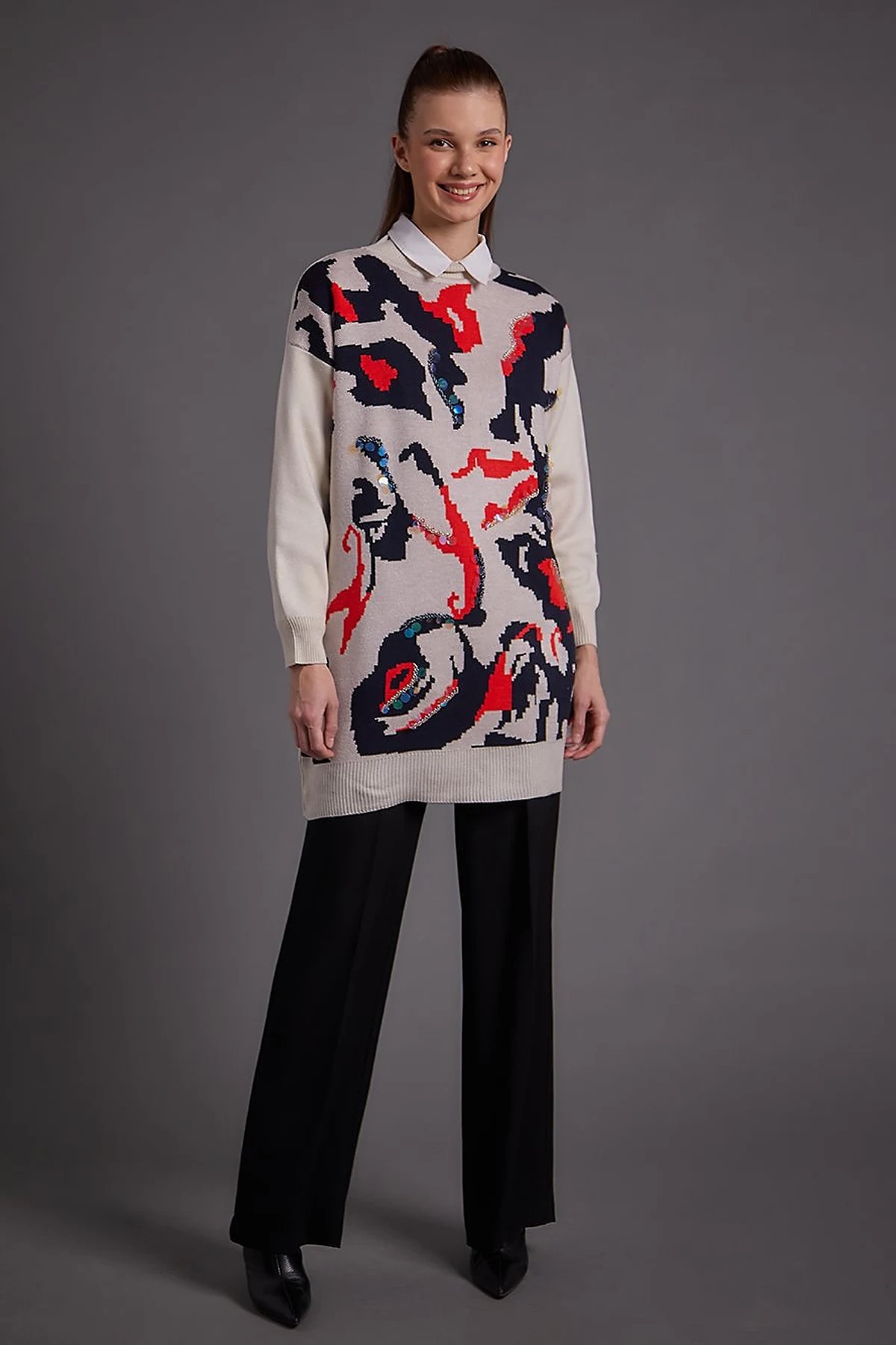 Abstract Pattern Sequin and Bead Embroidered Knitwear Tunic Ecru