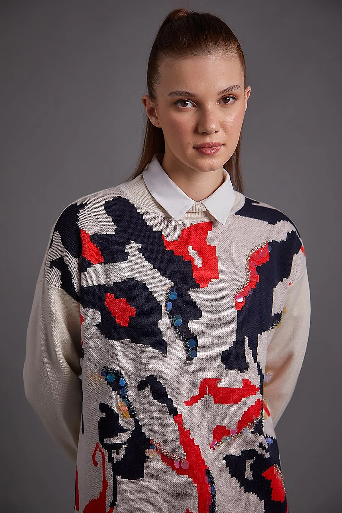 Abstract Pattern Sequin and Bead Embroidered Knitwear Tunic Ecru