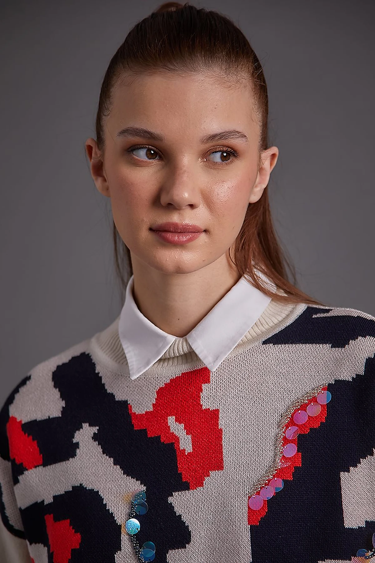 Abstract Pattern Sequin and Bead Embroidered Knitwear Tunic Ecru