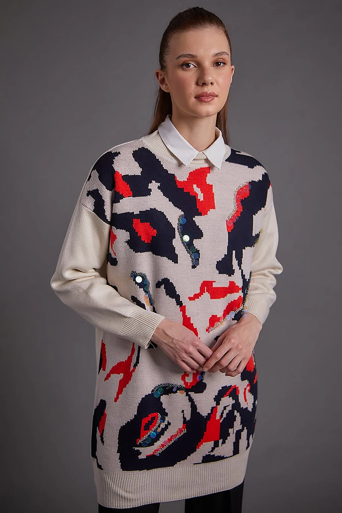 Abstract Pattern Sequin and Bead Embroidered Knitwear Tunic Ecru