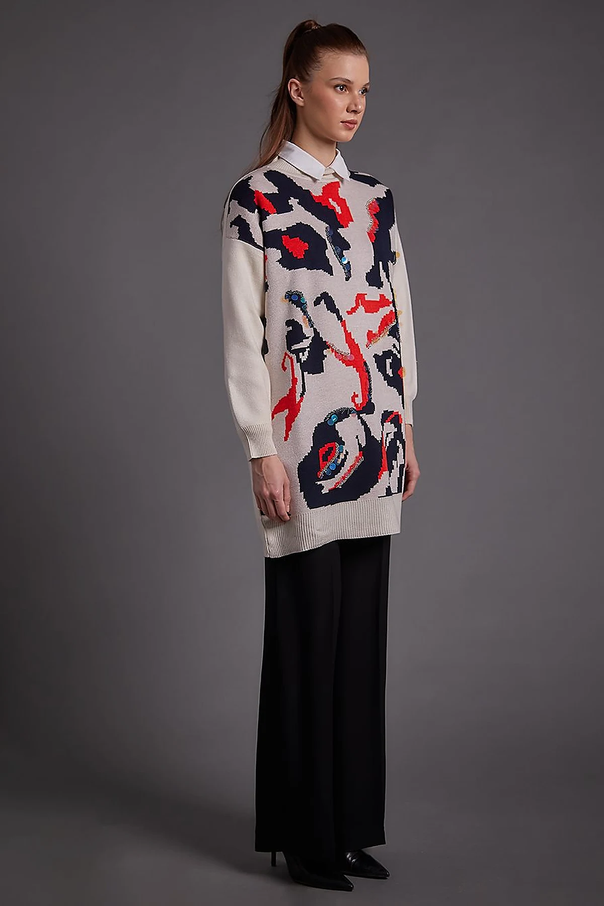 Abstract Pattern Sequin and Bead Embroidered Knitwear Tunic Ecru